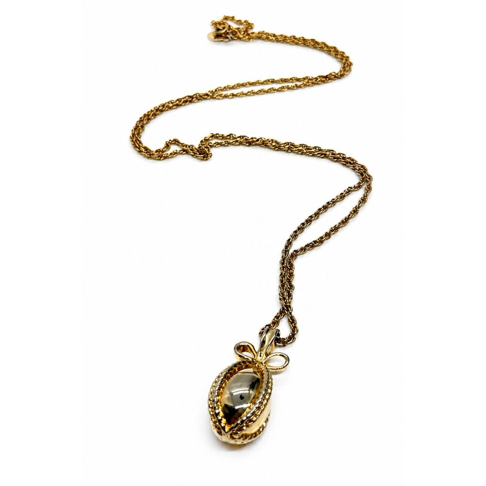 JOAN RIVERS NECKLACE Vintage Gold Tone Egg Pendant Bow Long Rope Chain